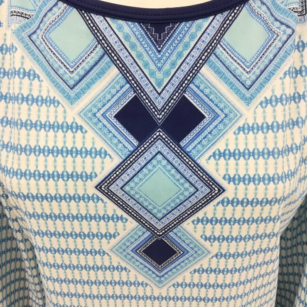 Cabana Life Stretch 3/4 Sleeve Geometric Dress Size M Blue UPF Shift Resort